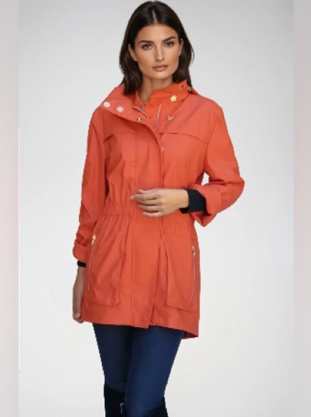 Ciao Milano Anna Waterproof Orange Cinch Waist Hooded Raincoat Jacket Packable M